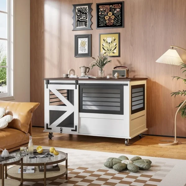 Extra Large Heavy Duty Dog Crate with Flip Top, Farmhouse Kennel Furniture with Wheels.