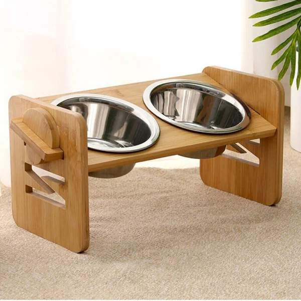 Elevated Dog Bowls with Stand 4 Heights Adjustable Bamboo Dog Feeding Station 2 Stainless Steel Bowls
