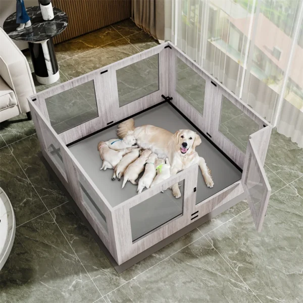 Tempered Glass Pet Whelping Box with Waterproof Fertility Pad Dog Playpen Exercise Cage for Puppies
