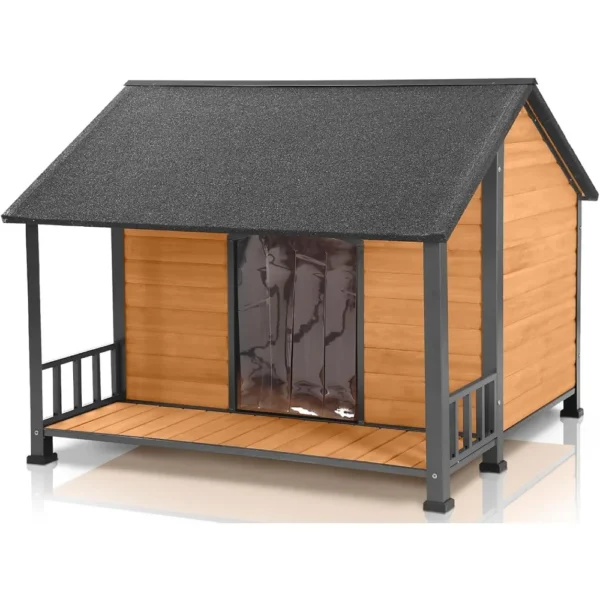 Outdoor Weatherproof Dog House - Easy to Assemble Shelter with All-Around Iron Frame & Fir Wood - Ideal for Large Dog Bree
