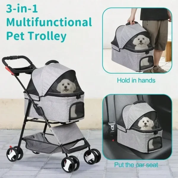 Pet Stroller Folding for Travel with Detachable Carrier 360° Swivel Front Wheels