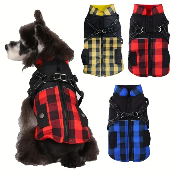 Plaid Thick Padded Pet Dog Jacket With Harness For Cold Weather Windproof For Small Medium Large Dog
